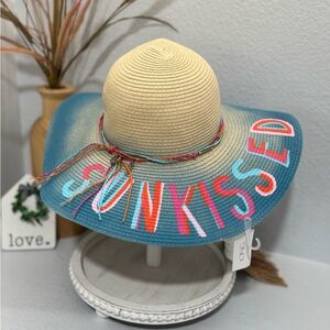 Icing Claires Wide Brim Sun Hat Beige Blue Ombre Edge Ladies One Size Fits Most